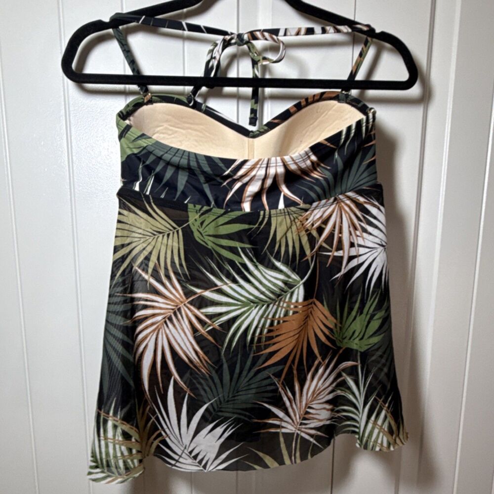 Kona Sol Tropical Leaf Print Halter Tankini Swim Top Built-In Bra Black M - Picture 3 of 9